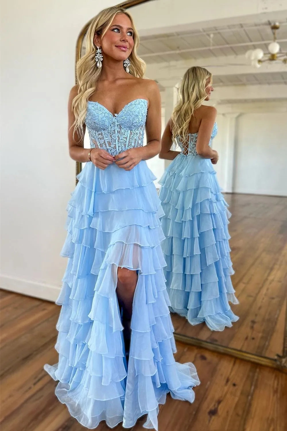 Wholesale Lace Up Long Tiered Chiffon Prom Dress With Slit