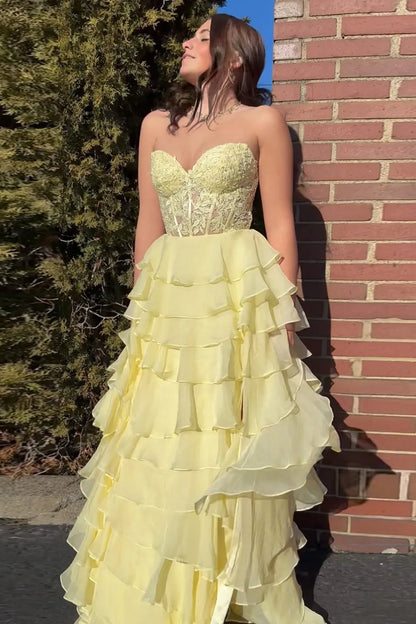 Wholesale Lace Up Long Tiered Chiffon Prom Dress With Slit