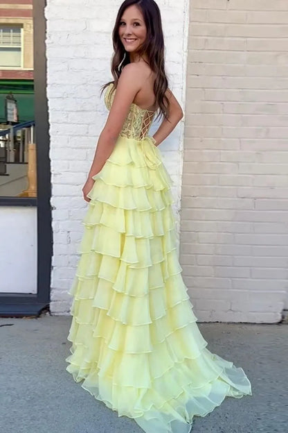 Wholesale Lace Up Long Tiered Chiffon Prom Dress With Slit