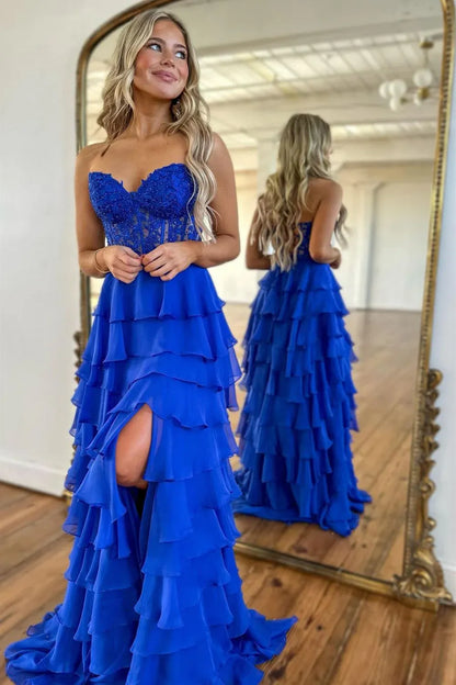 Wholesale Lace Up Long Tiered Chiffon Prom Dress With Slit