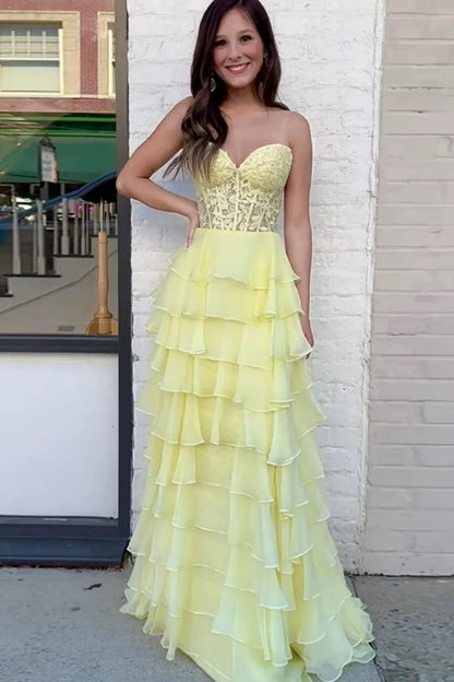 Wholesale Lace Up Long Tiered Chiffon Prom Dress With Slit