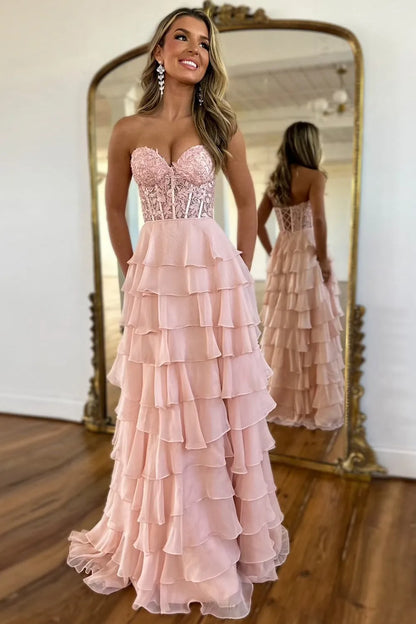 Wholesale Lace Up Long Tiered Chiffon Prom Dress With Slit