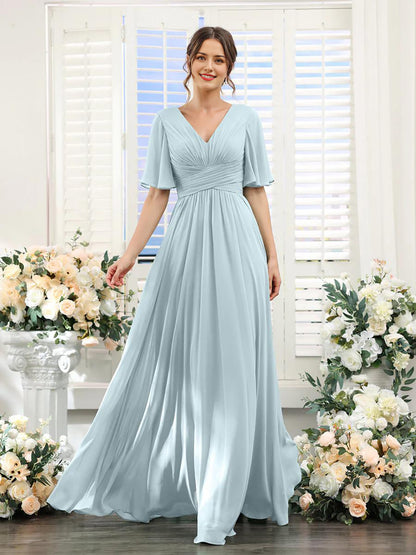 Wholesale A-Line Bridesmaid Dress for Wedding Guest V-Neck Sleeve Long Chiffon Formal Party Dresses with Slit