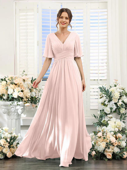 Wholesale A-Line Bridesmaid Dress for Wedding Guest V-Neck Sleeve Long Chiffon Formal Party Dresses with Slit