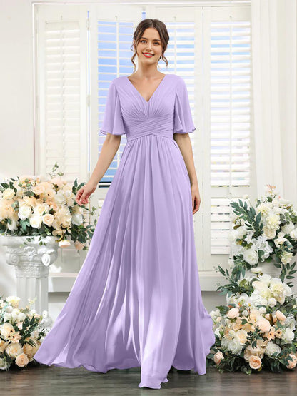 Wholesale A-Line Bridesmaid Dress for Wedding Guest V-Neck Sleeve Long Chiffon Formal Party Dresses with Slit