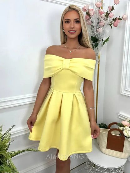 Aimishang Lovely A Line Off The Shoulder Homecoming Dress Cute Birthday Party Dress Short Prom Dress with Bow