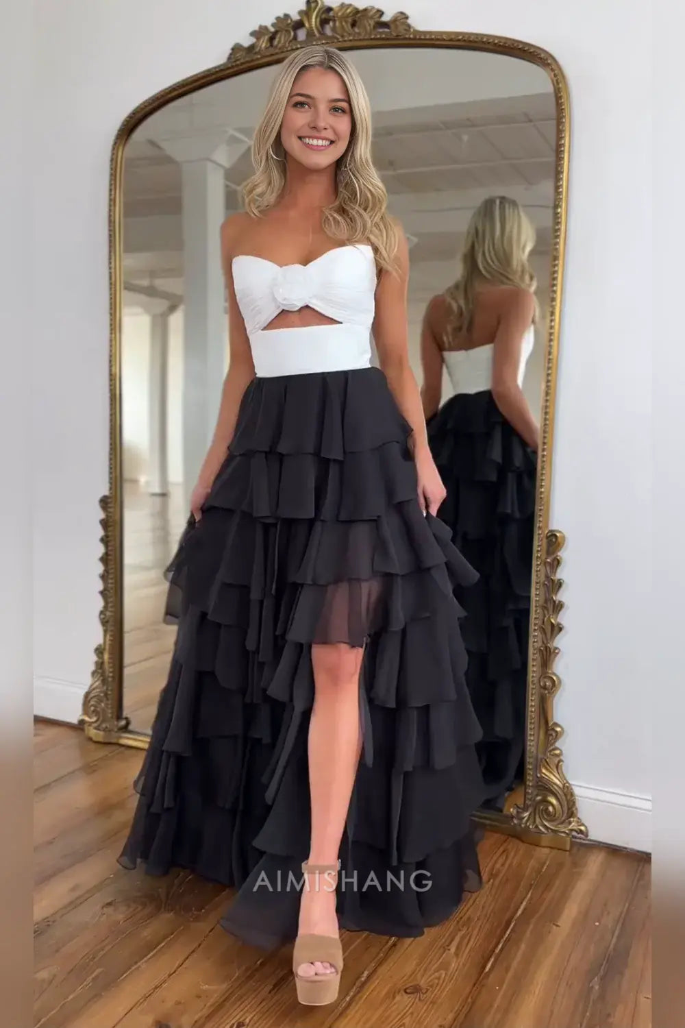 Aimishang Lovely A Line Princess Sweetheart Strapless Sleeveless Prom Dress Ruffled Long Formal Dress Charming Evening Party Dress