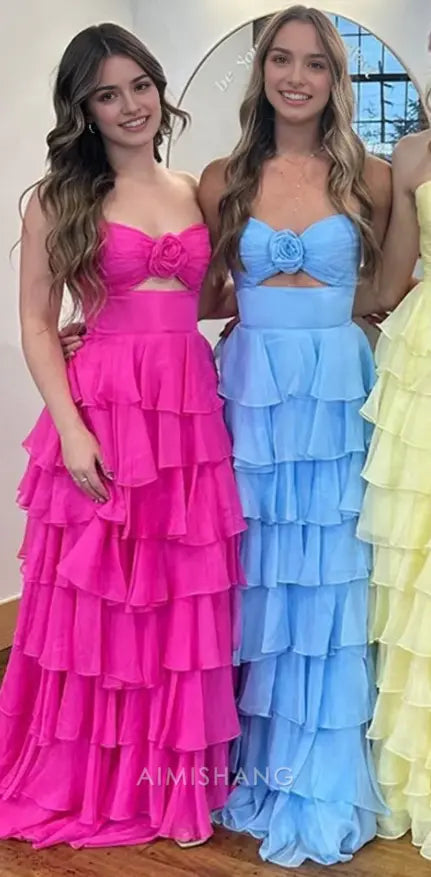 Aimishang Lovely A Line Princess Sweetheart Strapless Sleeveless Prom Dress Ruffled Blue Long Formal Dress Charming Evening Party Dress With Slit