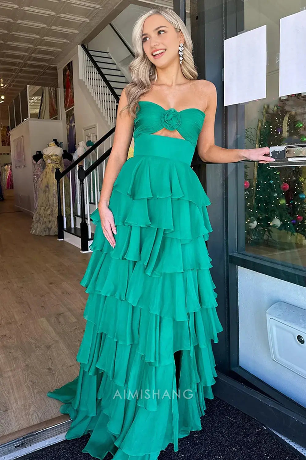 Aimishang Lovely A Line Princess Sweetheart Strapless Sleeveless Prom Dress Ruffled Blue Long Formal Dress Charming Evening Party Dress With Slit