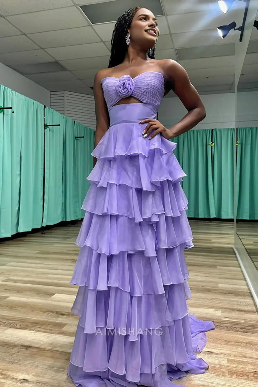 Aimishang Lovely A Line Princess Sweetheart Strapless Sleeveless Prom Dress Ruffled Blue Long Formal Dress Charming Evening Party Dress With Slit
