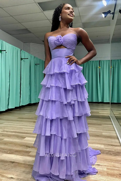 Aimishang Lovely A Line Princess Sweetheart Strapless Sleeveless Prom Dress Ruffled Blue Long Formal Dress Charming Evening Party Dress With Slit