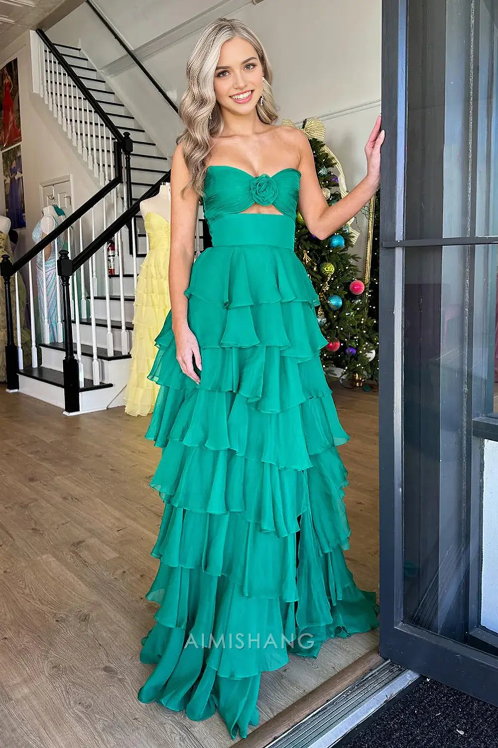 Aimishang Lovely A Line Princess Sweetheart Strapless Sleeveless Prom Dress Ruffled Blue Long Formal Dress Charming Evening Party Dress With Slit