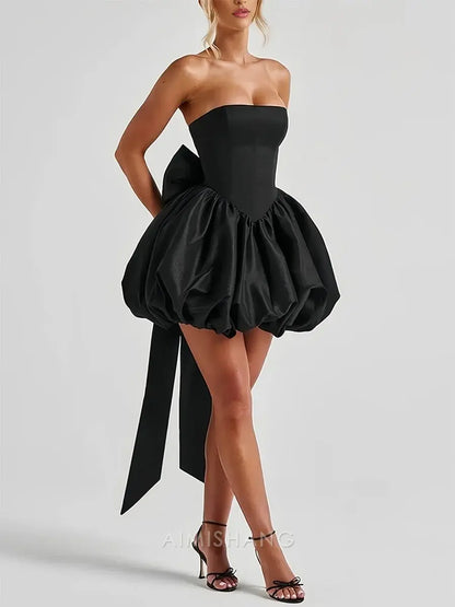 Aimishang Black Lovely A Line Strapless Homecoming Dress Cute Birthday Party Dress Short Prom Dress with Bow