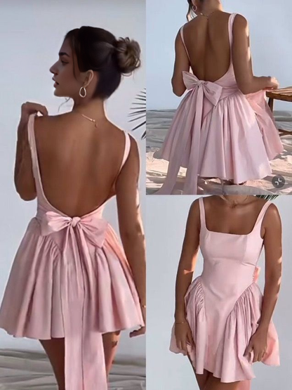 Aimishang Lovely A Line Straps Open Back Homecoming Dress Short Prom Dress With Bow Sweet Birthday Party Dress