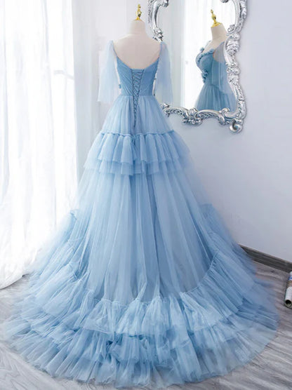 Lovely Light Blue Tulle with Straps Layers Long Formal Dresses Evening Gown Party Dress Prom Dress Wholesale