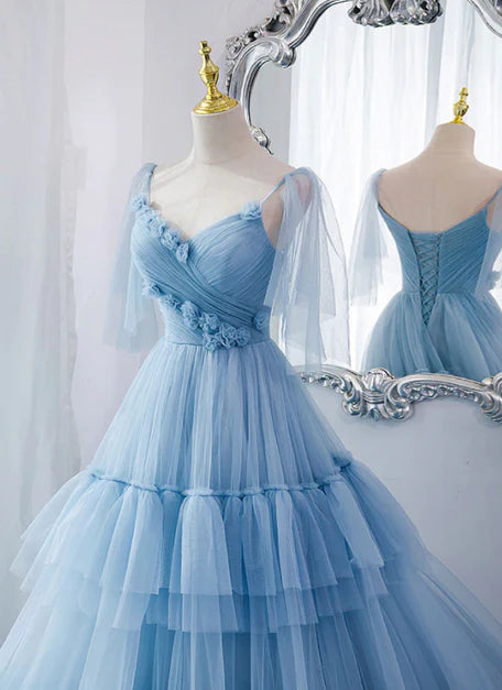 Lovely Light Blue Tulle with Straps Layers Long Formal Dresses Evening Gown Party Dress Prom Dress Wholesale