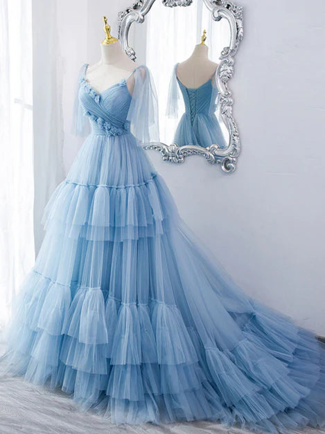 Lovely Light Blue Tulle with Straps Layers Long Formal Dresses Evening Gown Party Dress Prom Dress Wholesale