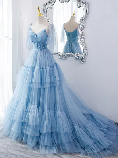 Lovely Light Blue Tulle with Straps Layers Long Formal Dresses Evening Gown Party Dress Prom Dress Wholesale