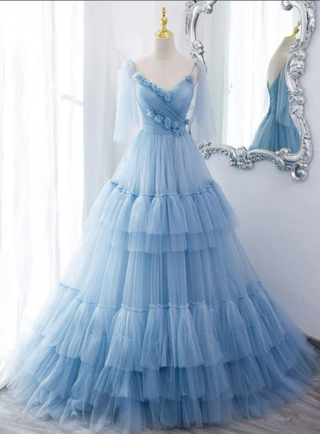 Lovely Light Blue Tulle with Straps Layers Long Formal Dresses Evening Gown Party Dress Prom Dress Wholesale