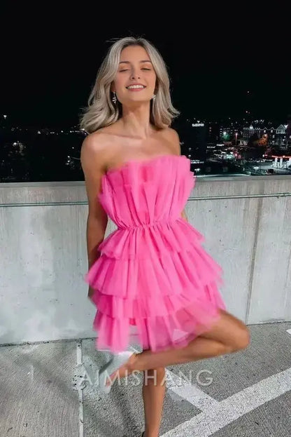 Aimishang Lovely Strapless Tiered Sleeveless Homecoming Dress Sweet Birthday Party Dress Short Prom Dress