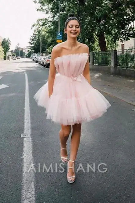Aimishang Lovely Strapless Tiered Tulle Homecoming Dress Sweet Birthday Party Dress Short Princess Prom Dress