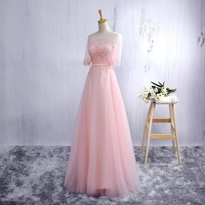 Lovely Tulle Round Neckline A-line Party Dress with Lace Applique Short Sleeves Long Bridesmaid Dress Prom Dress