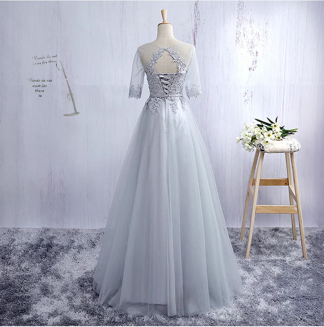 Lovely Tulle Round Neckline A-line Party Dress with Lace Applique Short Sleeves Long Bridesmaid Dress Prom Dress