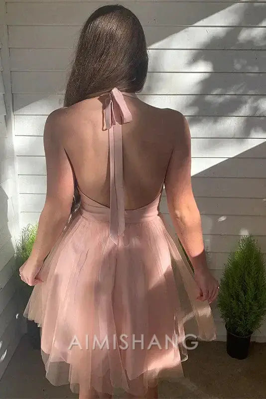 Aimishang Lovely V Neck Halter Backless Tulle Homecoming Dress Sweet Birthday Party Dress Short Princess Prom Dress
