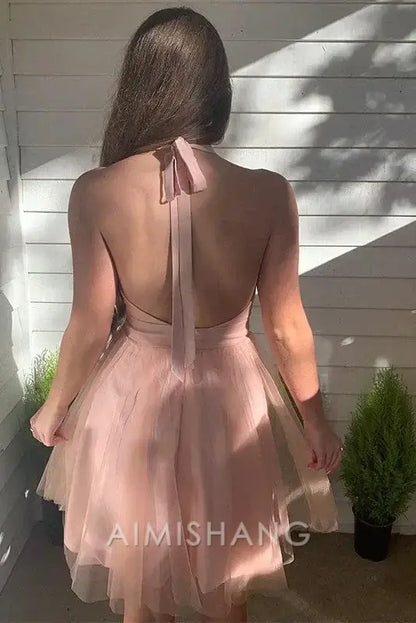 Aimishang Lovely V Neck Halter Backless Tulle Homecoming Dress Sweet Birthday Party Dress Short Princess Prom Dress