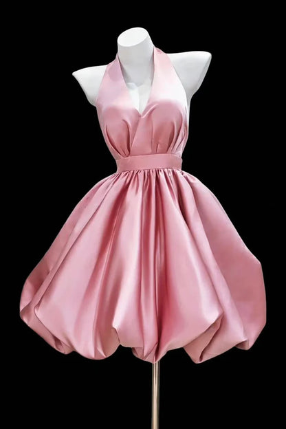 Aimishang Lovely A-Line Halter Backless Satin Short Birthday Party Dress Cute Homecoming Dress