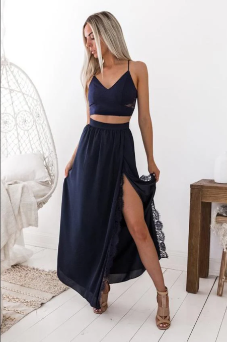 Aimishang Lovely A-Line Long Prom Dresses Beautiful Two Piece Lace Chiffon With Slit Sexy Party Dress