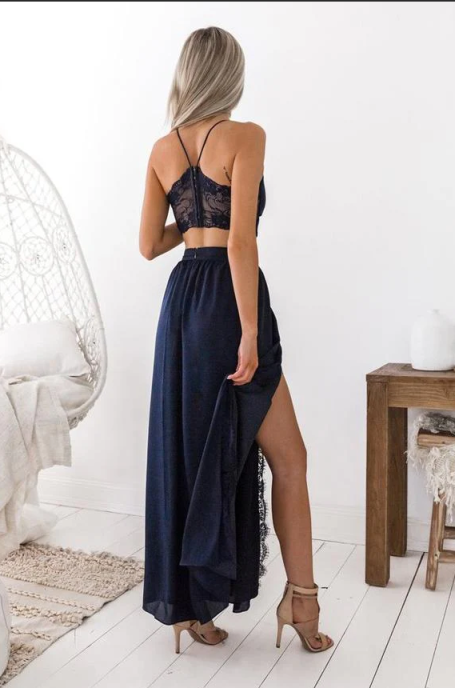 Aimishang Lovely A-Line Long Prom Dresses Beautiful Two Piece Lace Chiffon With Slit Sexy Party Dress