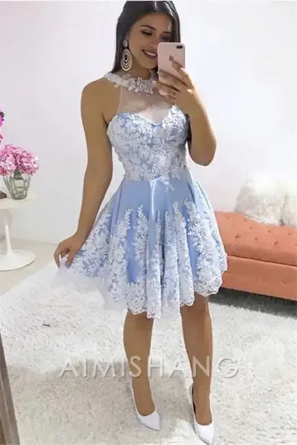 Aimishang Lovely A-Line Sleeveless Homecoming Dress Sweet Birthday Party Dress Short Prom Dress with Appliques