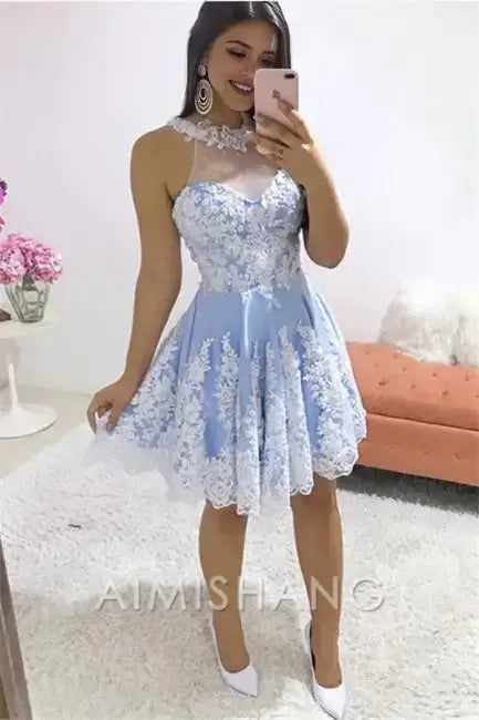 Aimishang Lovely A-Line Sleeveless Homecoming Dress Sweet Birthday Party Dress Short Prom Dress with Appliques