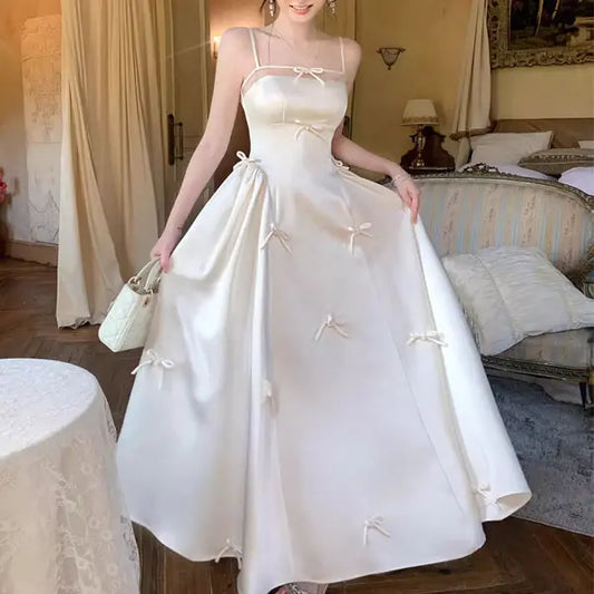 Aimishang Lovely A-Line Spaghetti Straps Party Evening Dress Cute Sleeveless Long Formal Prom Dress With Bows