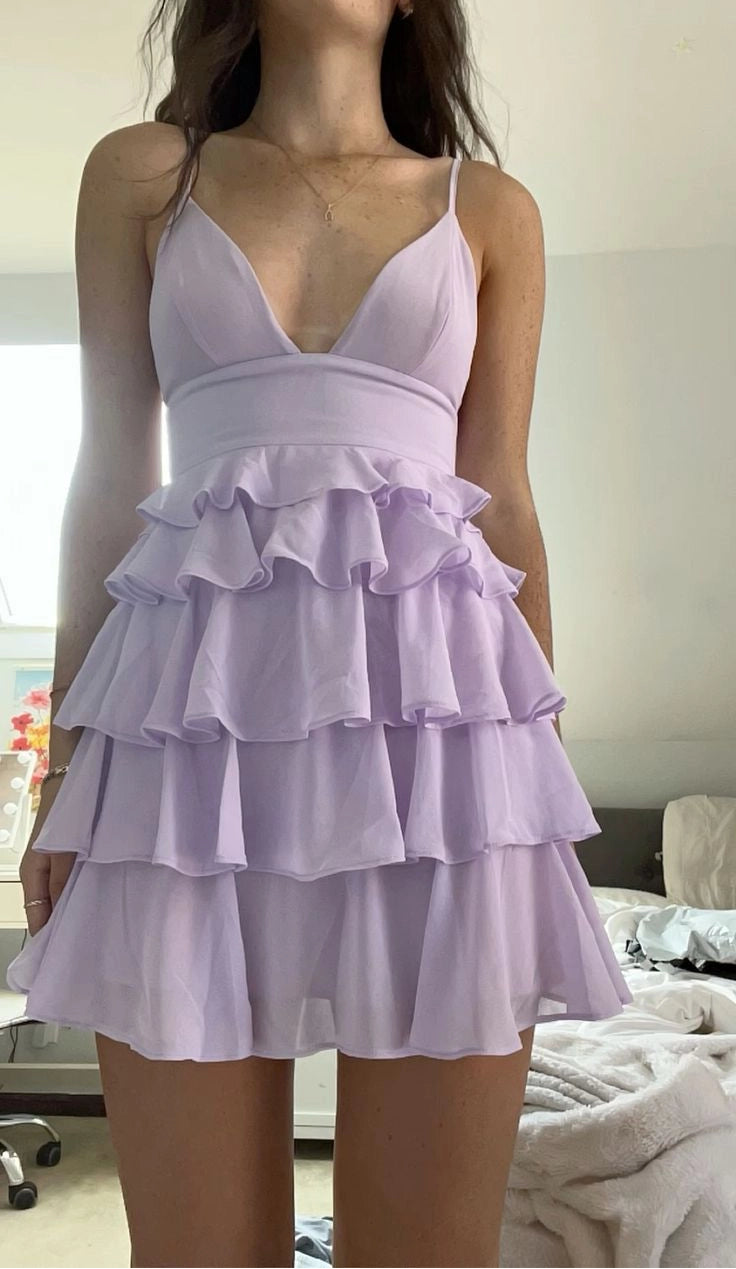 Aimishang Lovely A-Line Spaghetti Straps Sleeveless Tiered Light Purple Chiffon Short Graduation Party Dress Elegant Homecoming Dress
