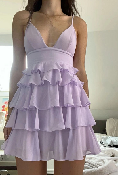 Aimishang Lovely A-Line Spaghetti Straps Sleeveless Tiered Light Purple Chiffon Short Graduation Party Dress Elegant Homecoming Dress
