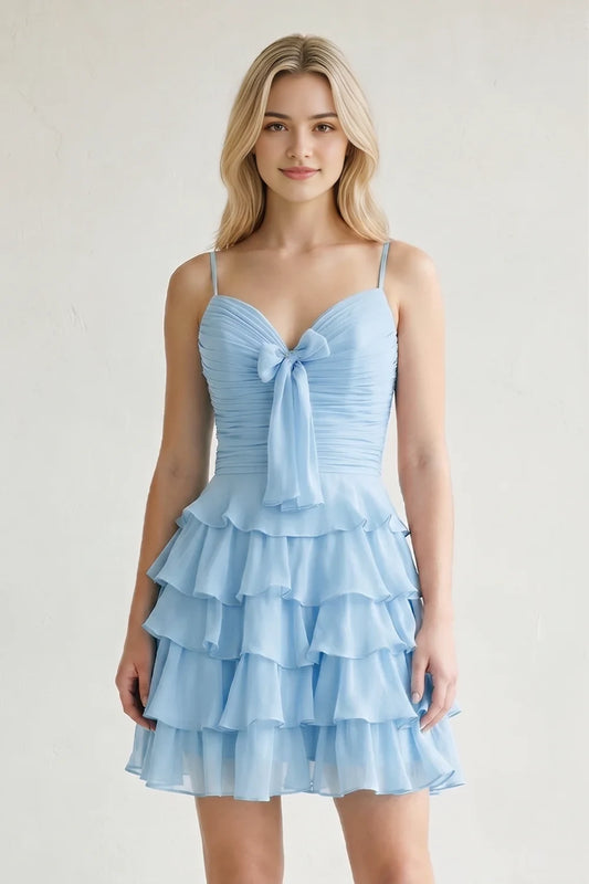 Aimishang Lovely A-Line Sweetheart Sleeveless Tiered Ruffle Blue Chiffon Short Length Homecoming Dress