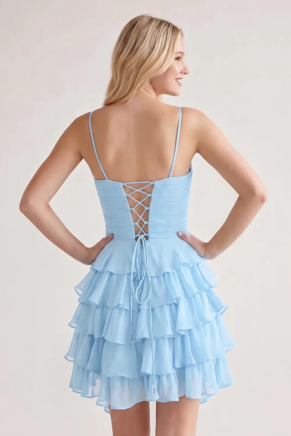 Aimishang Lovely A-Line Sweetheart Sleeveless Tiered Ruffle Blue Chiffon Short Length Homecoming Dress