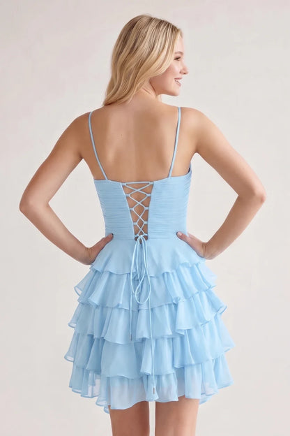 Aimishang Lovely A-Line Sweetheart Sleeveless Tiered Ruffle Blue Chiffon Short Length Homecoming Dress