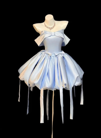 Aimishang Lovely A Line Blue Off the Shoulder Satin Short Graduation Party Dress Cute Homecoming Dress With Bow