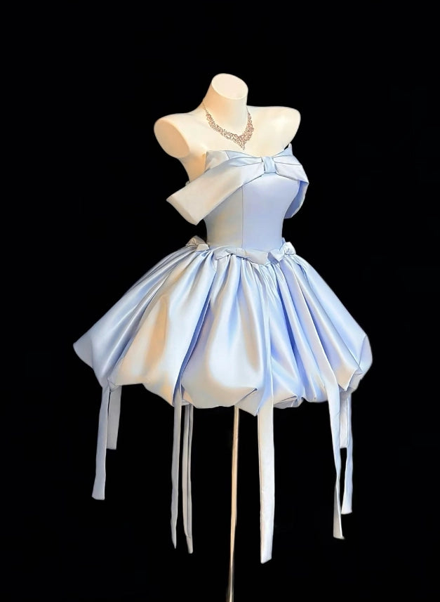 Aimishang Lovely A Line Blue Off the Shoulder Satin Short Graduation Party Dress Cute Homecoming Dress With Bow