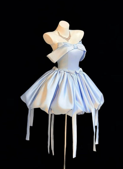 Aimishang Lovely A Line Blue Off the Shoulder Satin Short Graduation Party Dress Cute Homecoming Dress With Bow