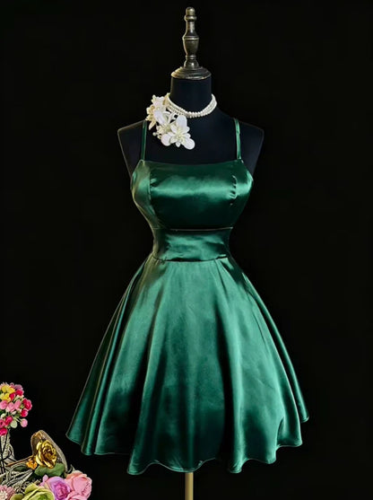Aimishang Lovely A Line Green Satin Spaghetti Strap Sleeveless Short Birthday Party Dress Simple Homecoming Dress