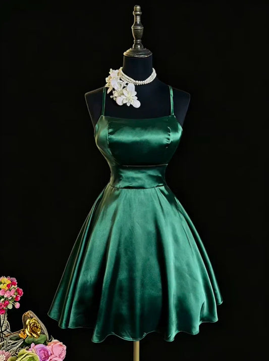 Aimishang Lovely A Line Green Satin Spaghetti Strap Sleeveless Short Birthday Party Dress Simple Homecoming Dress