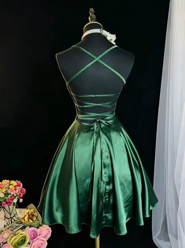 Aimishang Lovely A Line Green Satin Spaghetti Strap Sleeveless Short Birthday Party Dress Simple Homecoming Dress