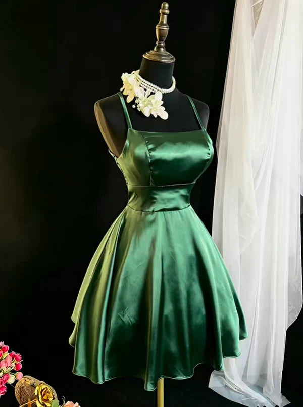 Aimishang Lovely A Line Green Satin Spaghetti Strap Sleeveless Short Birthday Party Dress Simple Homecoming Dress