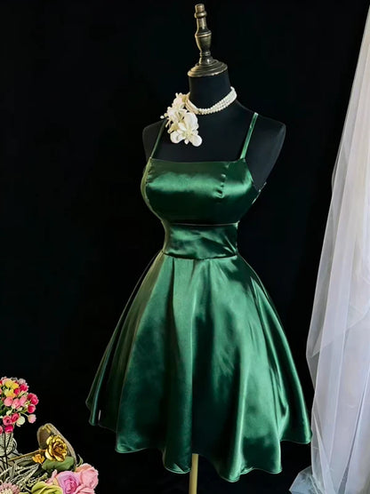 Aimishang Lovely A Line Green Satin Spaghetti Strap Sleeveless Short Birthday Party Dress Simple Homecoming Dress