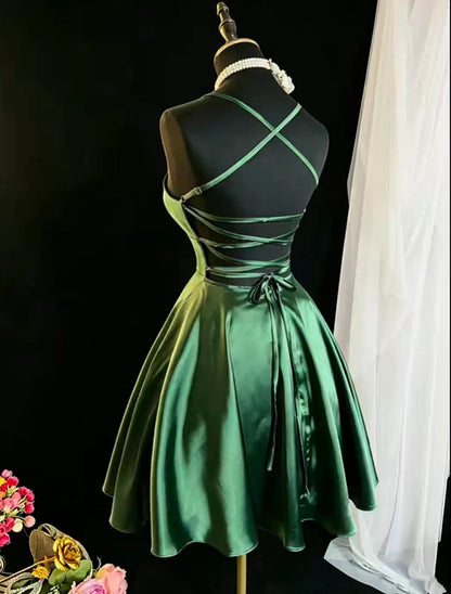 Aimishang Lovely A Line Green Satin Spaghetti Strap Sleeveless Short Birthday Party Dress Simple Homecoming Dress
