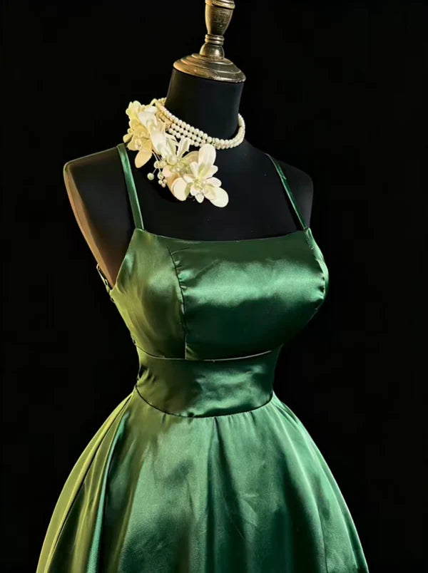 Aimishang Lovely A Line Green Satin Spaghetti Strap Sleeveless Short Birthday Party Dress Simple Homecoming Dress